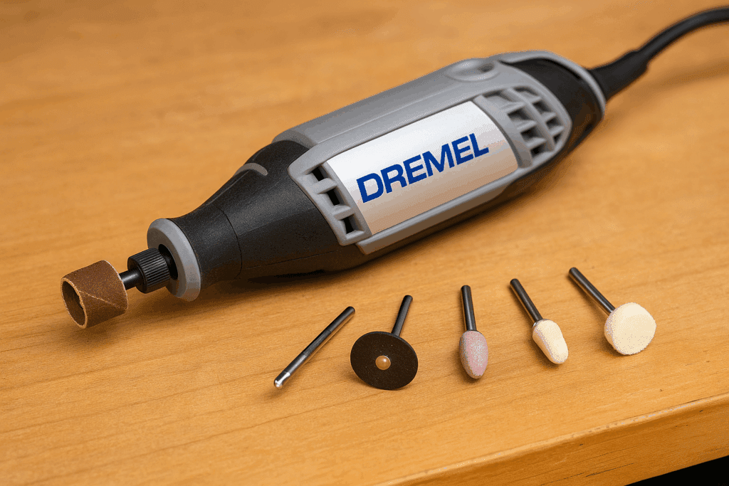 Dremel rotary tool with attachments including sanding, cutting, and polishing bits.