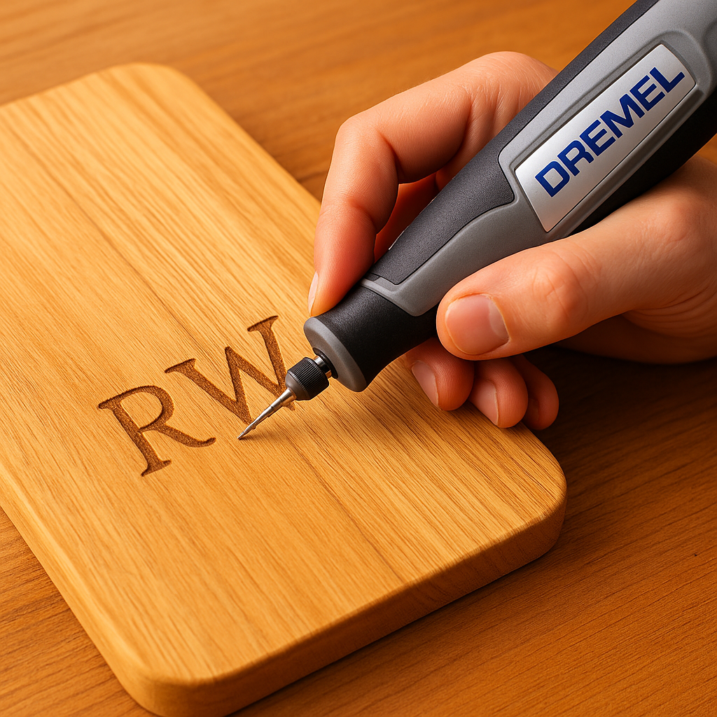 Engraving wood with a Dremel tool to add custom initials.