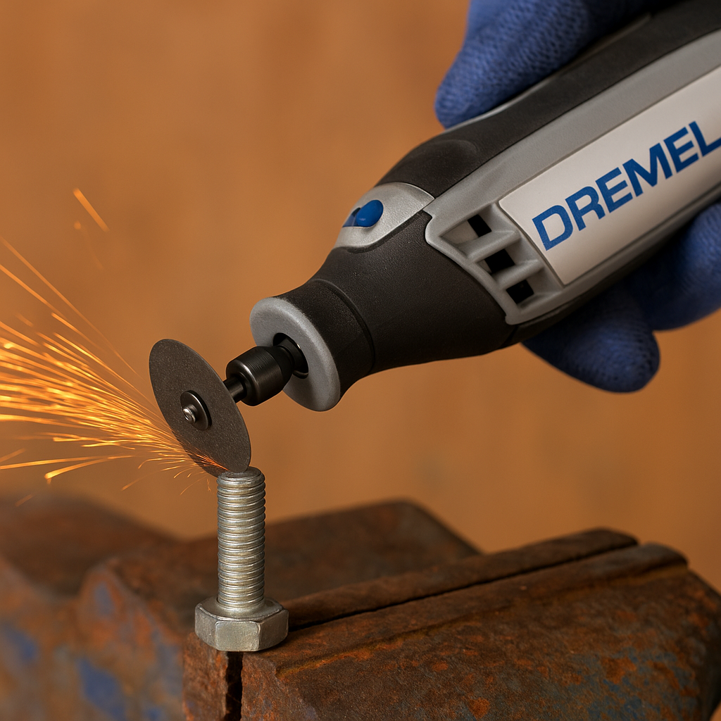 Cutting through a steel bolt with a Dremel tool and reinforced cutoff wheel.
