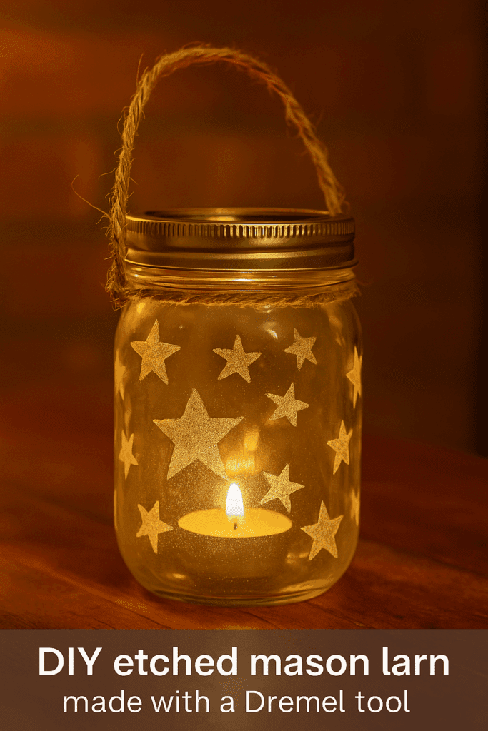 DIY etched mason jar lantern made with a Dremel tool