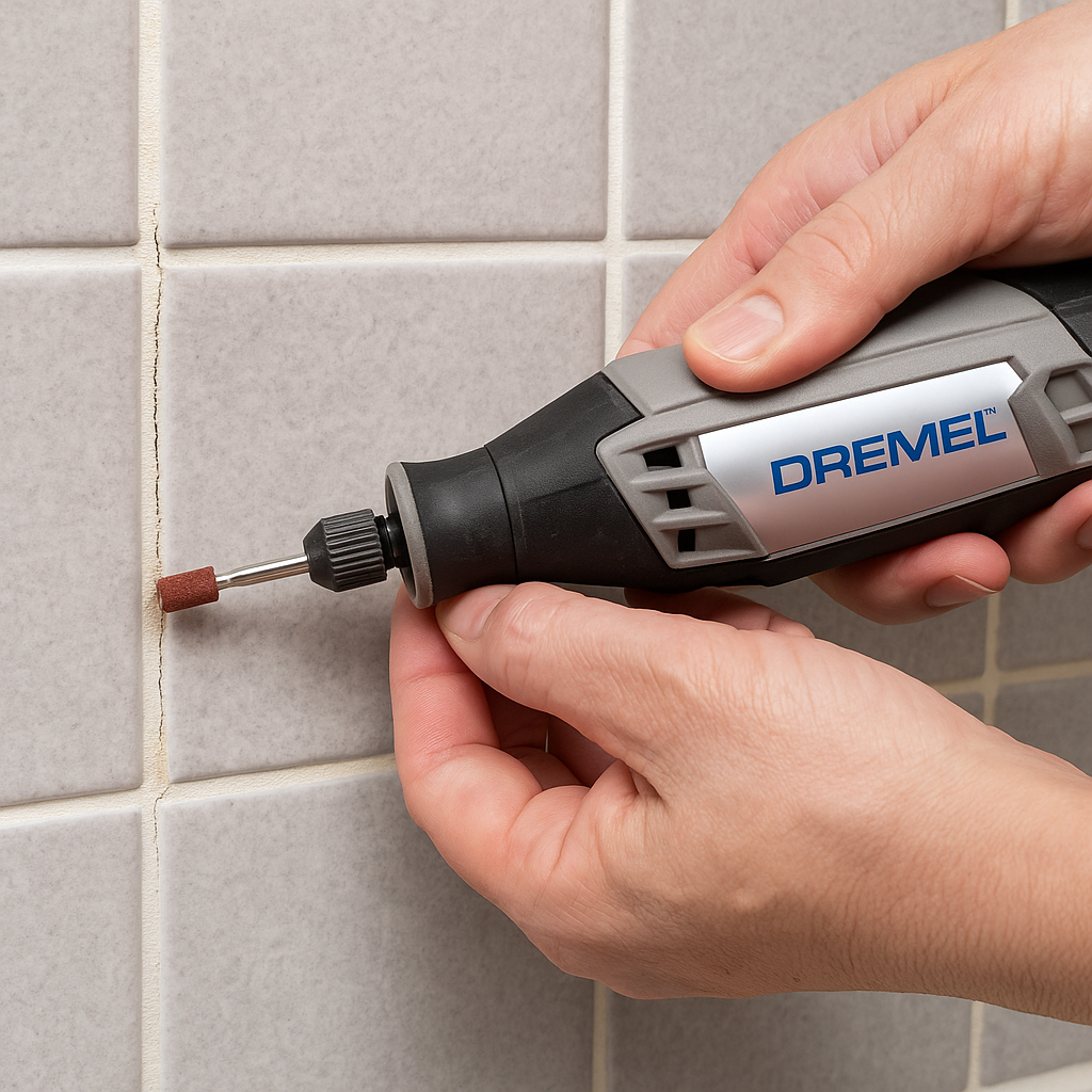 Using a Dremel tool with grout attachment to remove cracked tile grout