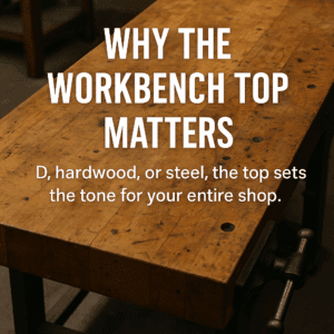 Well-worn hardwood workbench top with scratches, dents, and a cast iron vise, symbolizing durability in a woodworking shop