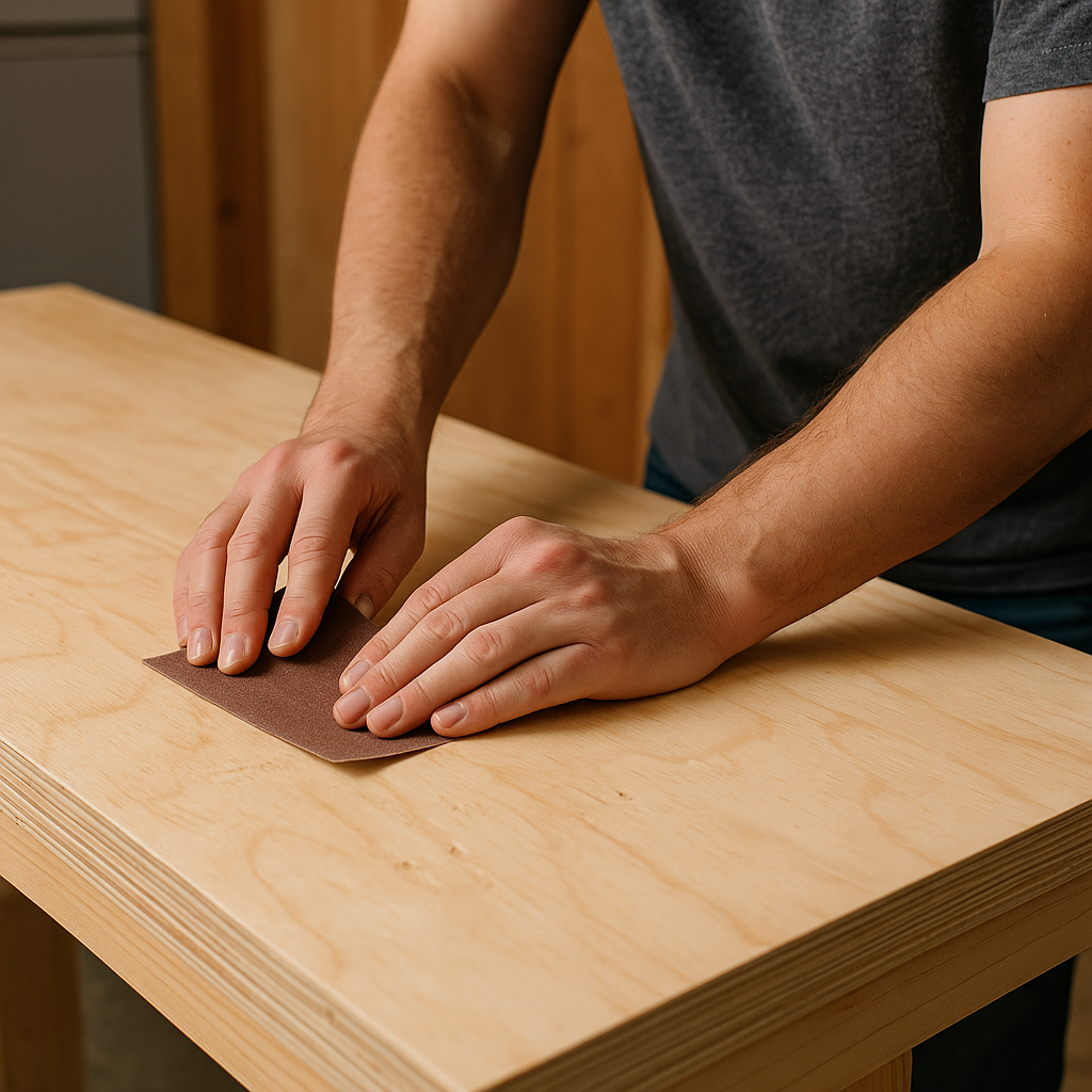 Woodworker sanding dents out of a plywood workbench top for maintenance