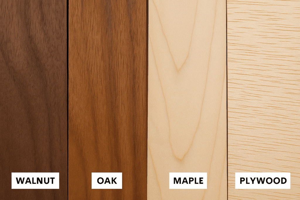 Comparison of walnut, oak, maple, and plywood boards showing color and grain differences