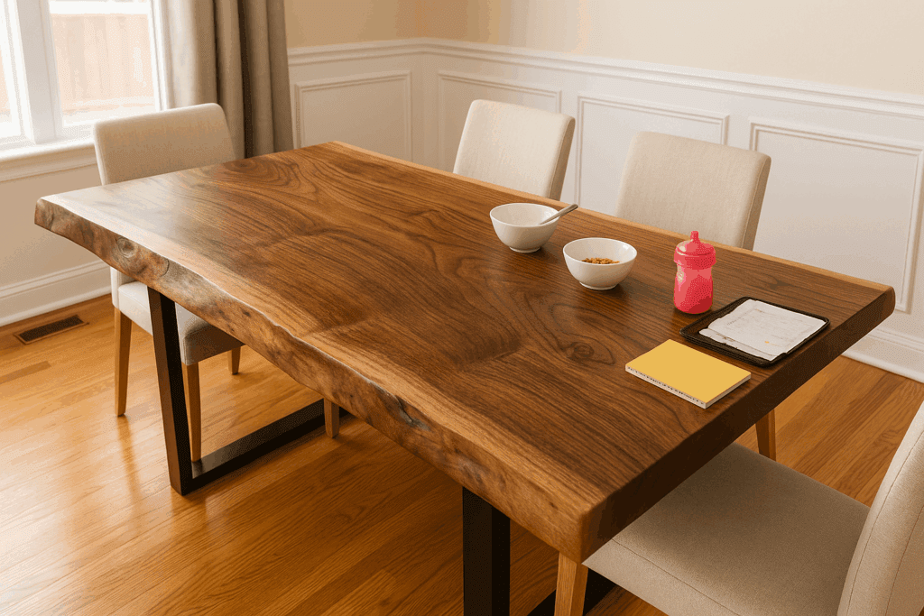Live-edge walnut dining table with natural grain and rustic edges in a family dining room