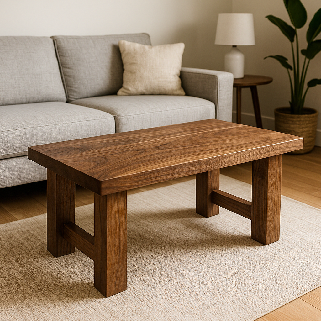 Walnut coffee table with chunky wooden legs in a cozy living space.”