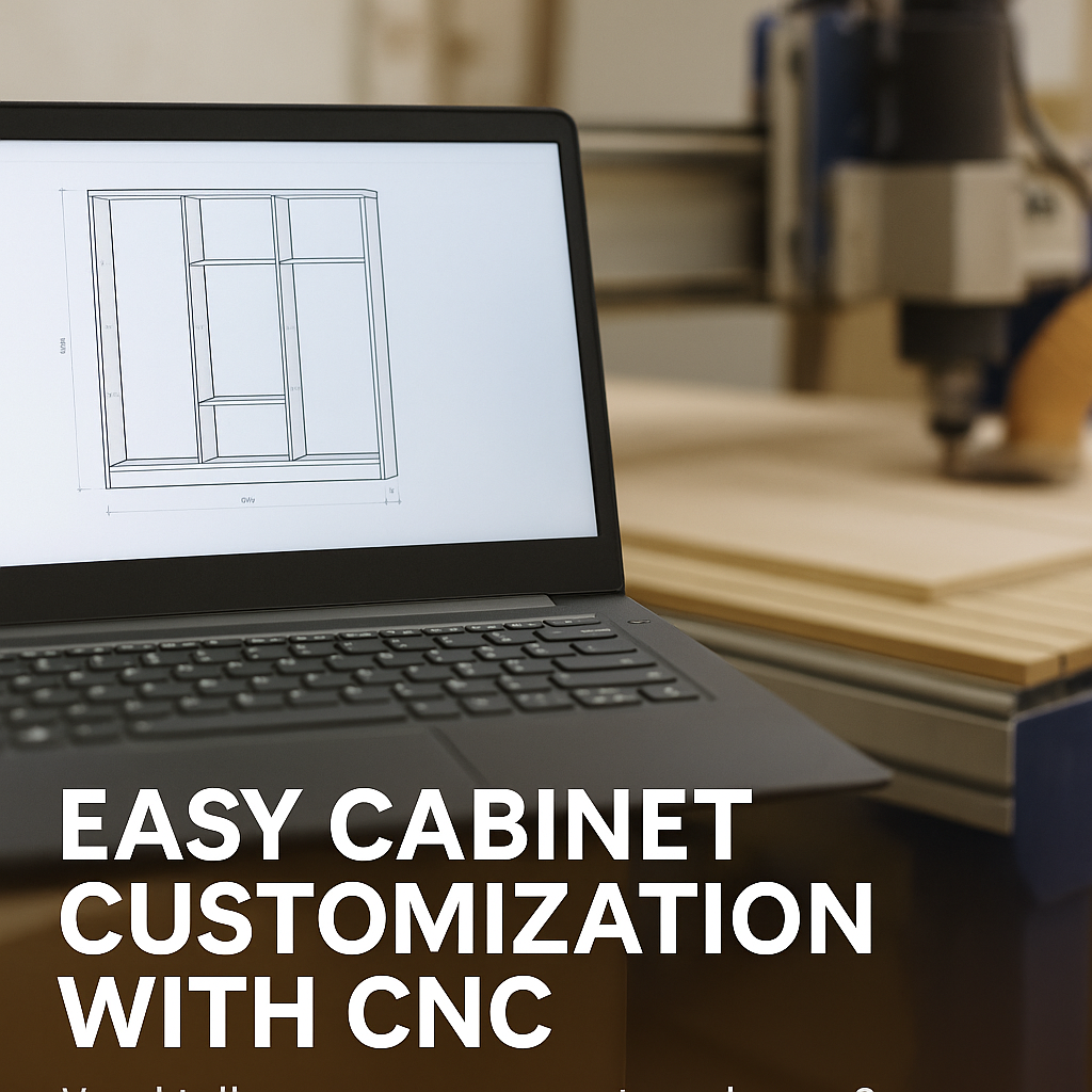 CAD software showing adjustable cabinet dimensions on a computer screen with a CNC router cutting panels in the background