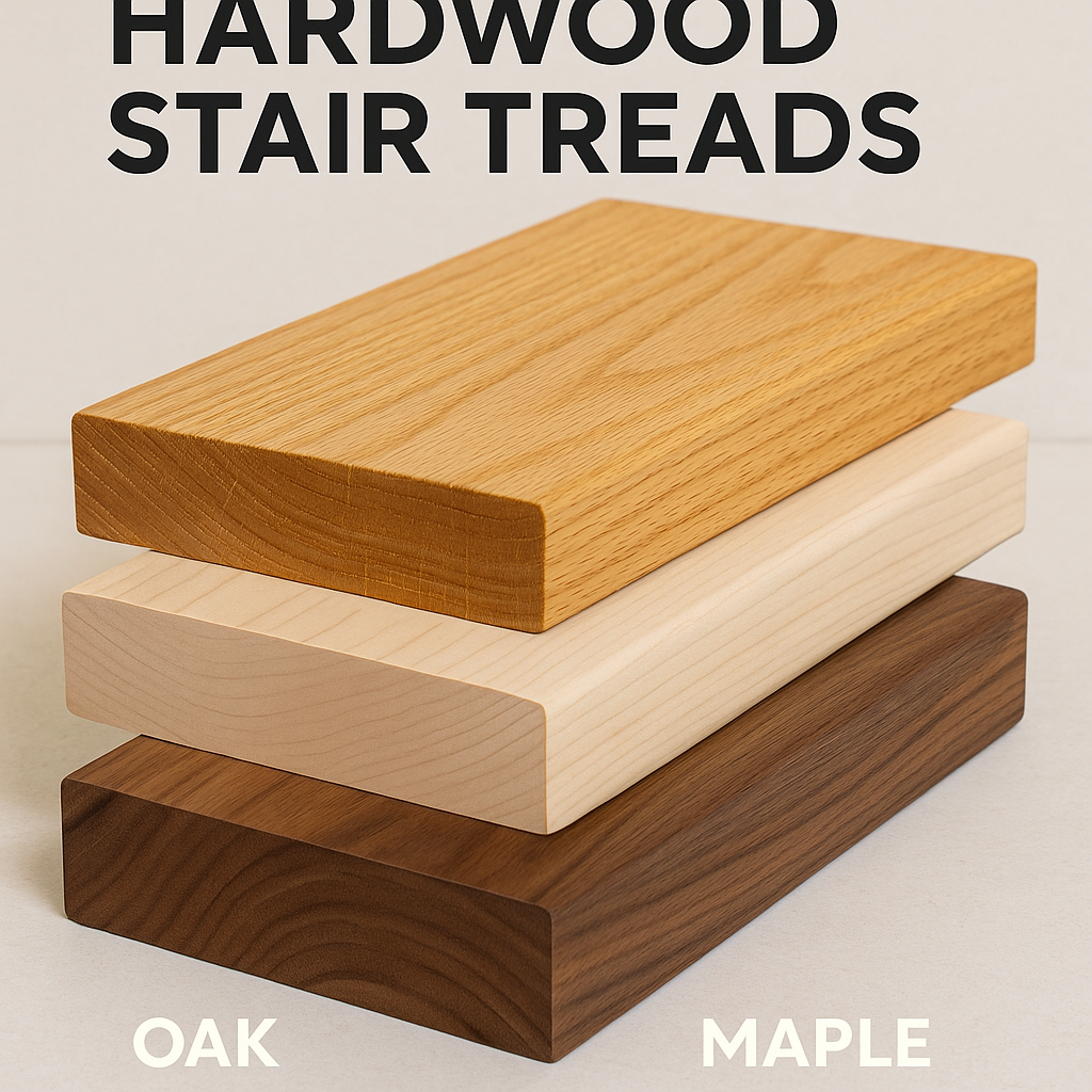 Oak, maple, and walnut hardwood stair tread samples with visible grain and color differences