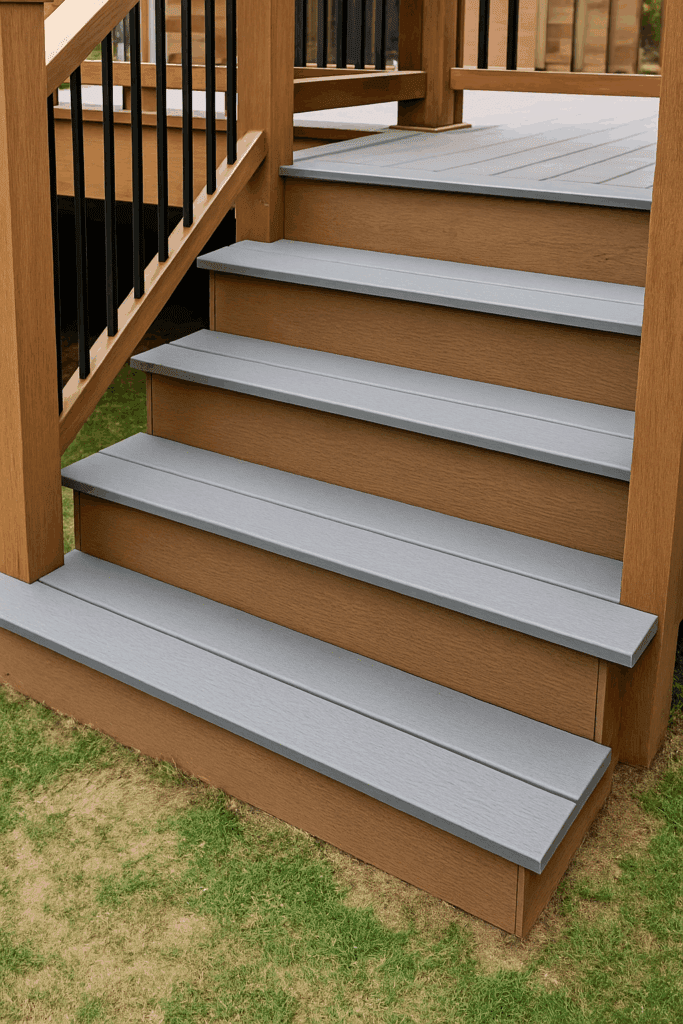 Composite stair treads installed on an outdoor deck staircase