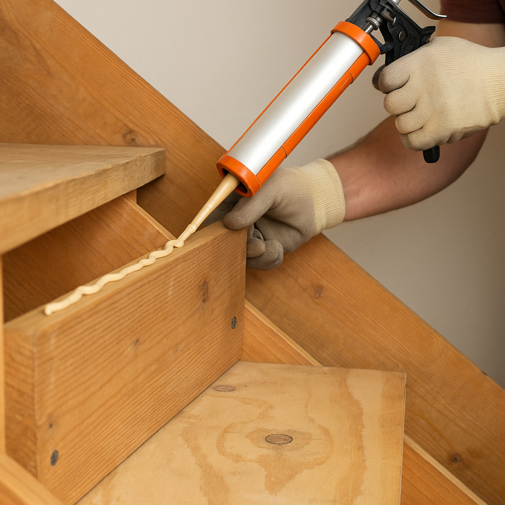 Applying construction adhesive on stair stringers before installing tread.