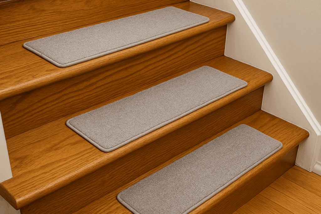 Carpet stair tread covers on a wooden staircase for added grip and comfort.