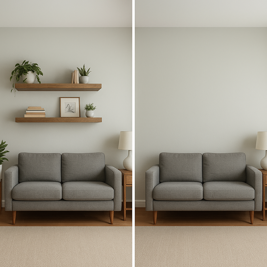 Side-by-side comparison of a living room with floating shelves decorated with plants and books versus the same wall left bare