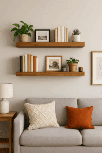 Cozy living room with floating shelves decorated with books, plants, and framed photos