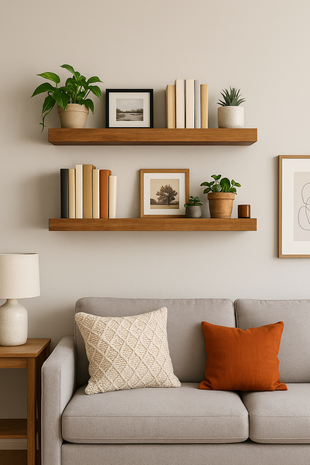 Cozy living room with floating shelves decorated with books, plants, and framed photos