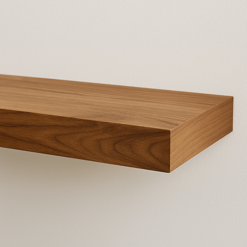 Close-up of a modern wooden floating shelf mounted with hidden brackets for a clean, bracket-free look.