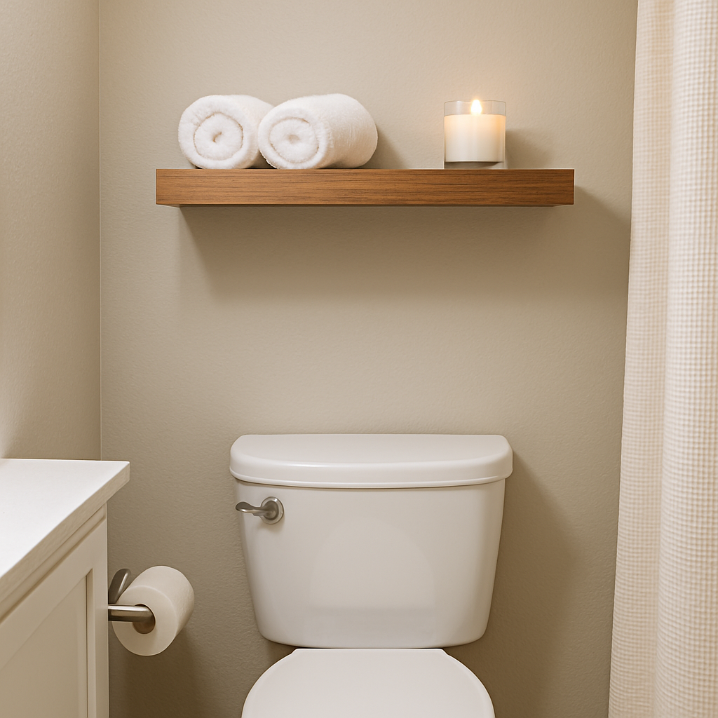 Small bathroom with a floating wooden shelf above the toilet holding rolled towels and a lit candle