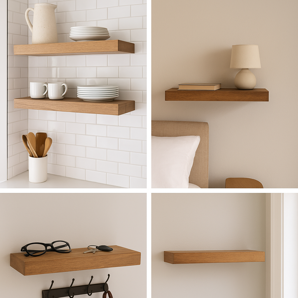 Collage of floating shelves in different rooms: kitchen with mugs and dishes, bedroom nightstand replacement, and entryway shelf for keys