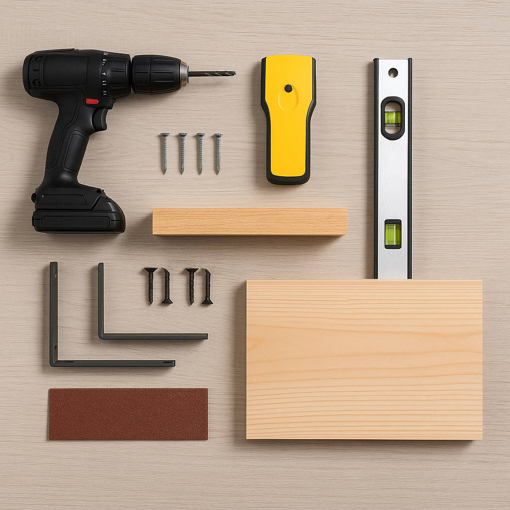 DIY floating shelf tools including drill, stud finder, level, brackets, screws, sandpaper, and wood laid out on a work surface