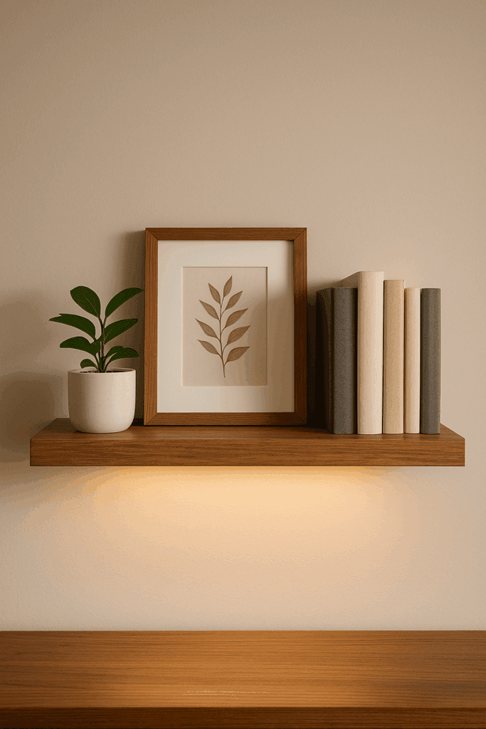 Floating shelf styled with books, framed art, and a small potted plant for balance.”