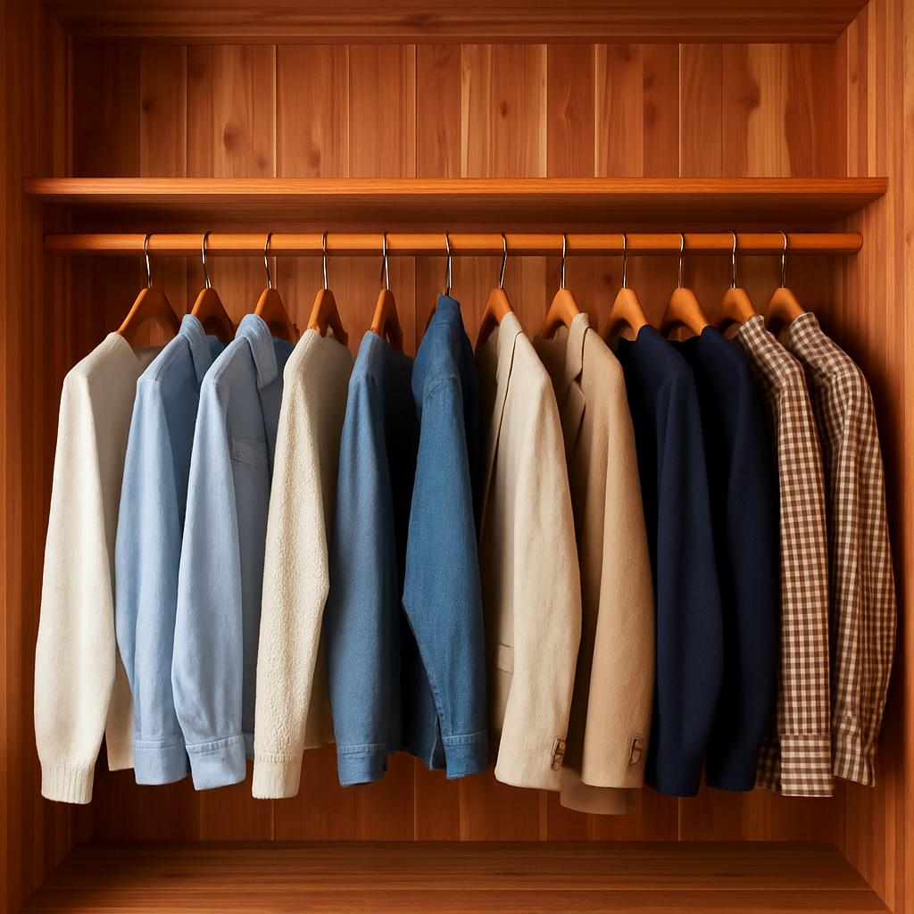 Cedar-lined closet with warm-toned wood panels and hanging clothes