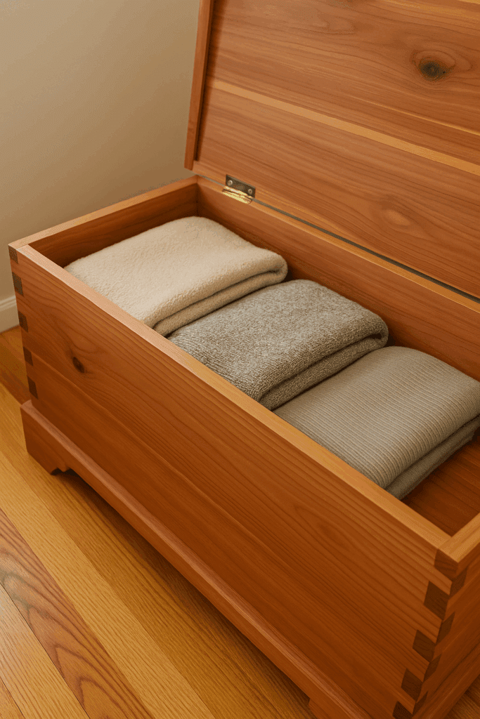 Handmade cedar chest with folded blankets inside, highlighting the natural wood grain
