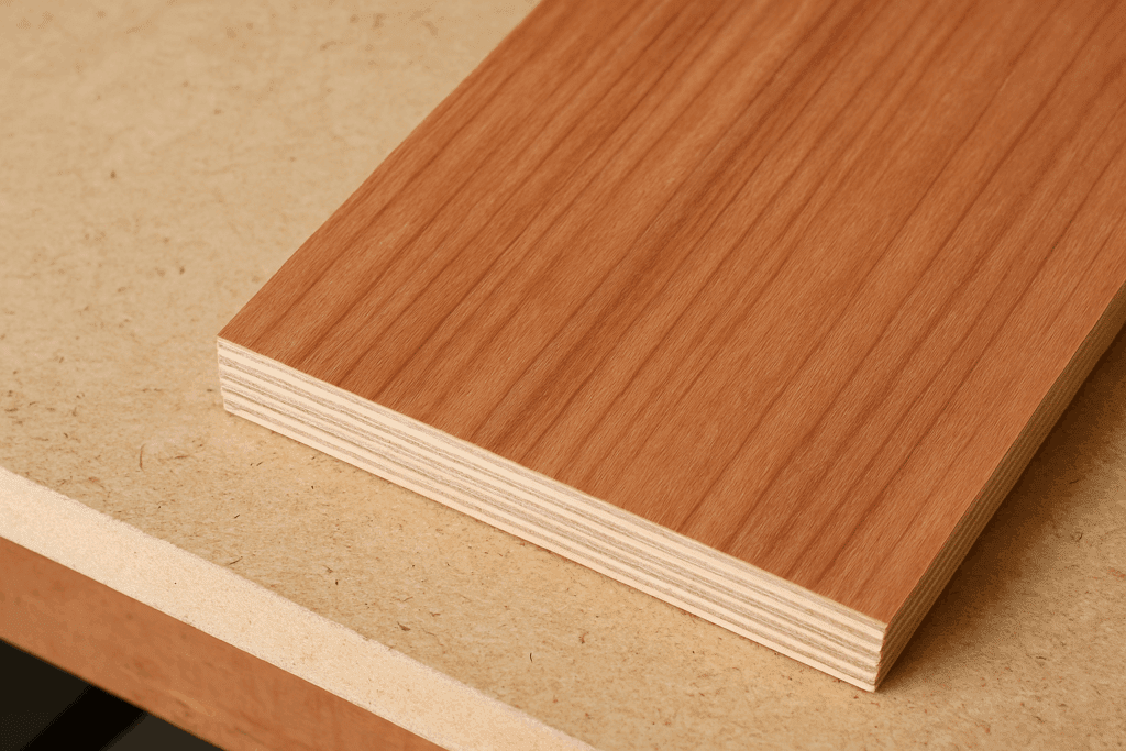 Close-up of cedar plywood sheet showing straight grain and smooth surface