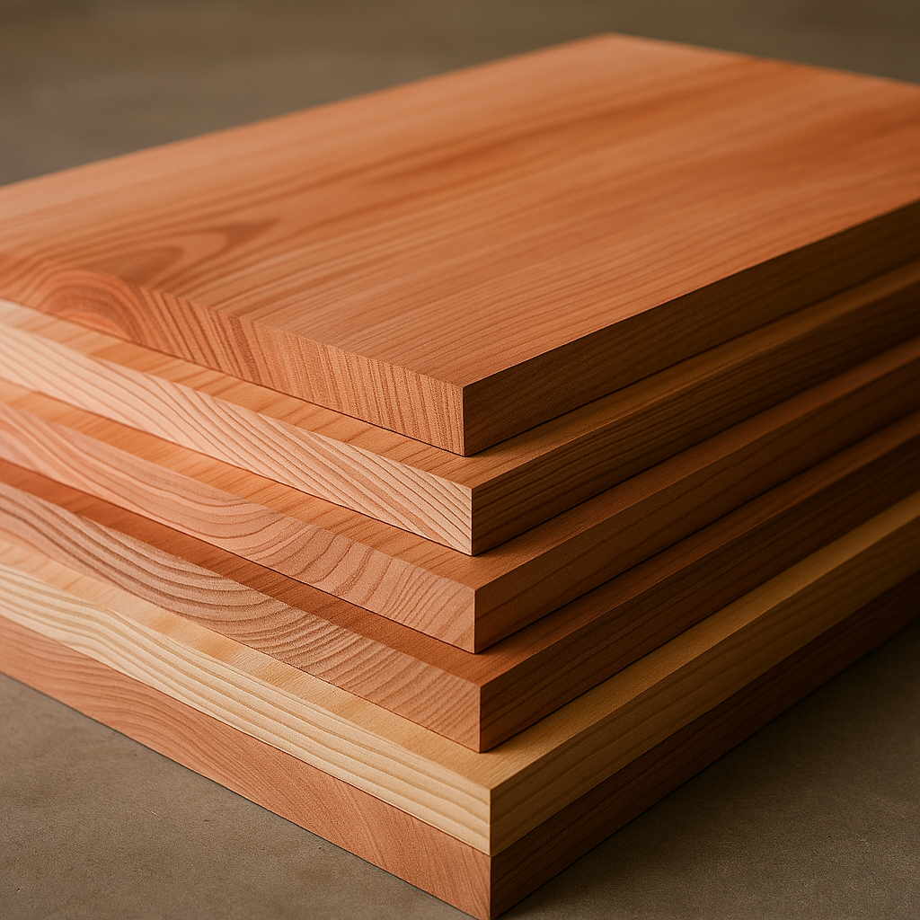 
 Stacked cedar plywood sheets in varying thicknesses from thin panels to heavy boards.
