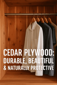 Cedar-lined closet with warm reddish-brown plywood panels and hanging clothes.