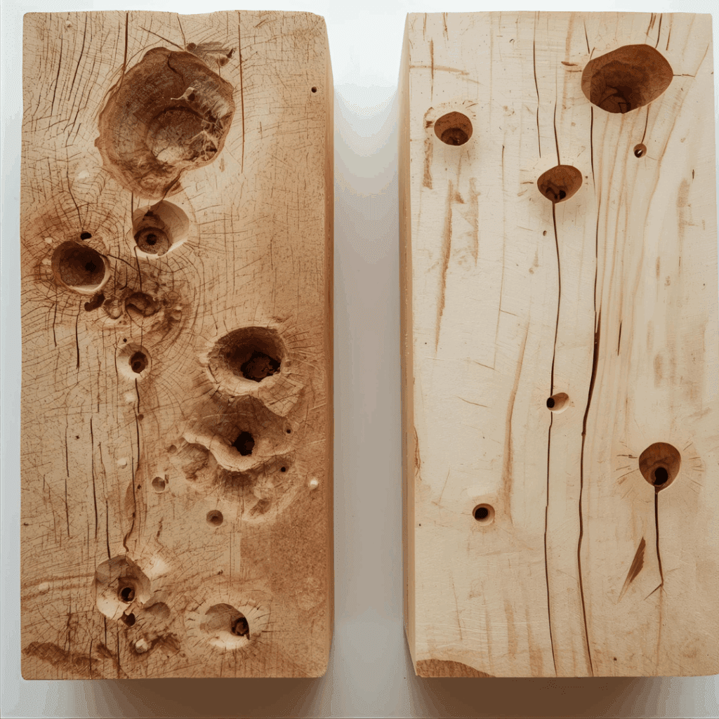 Wood block with beetle holes before oven drying and smooth surface after bugs removed