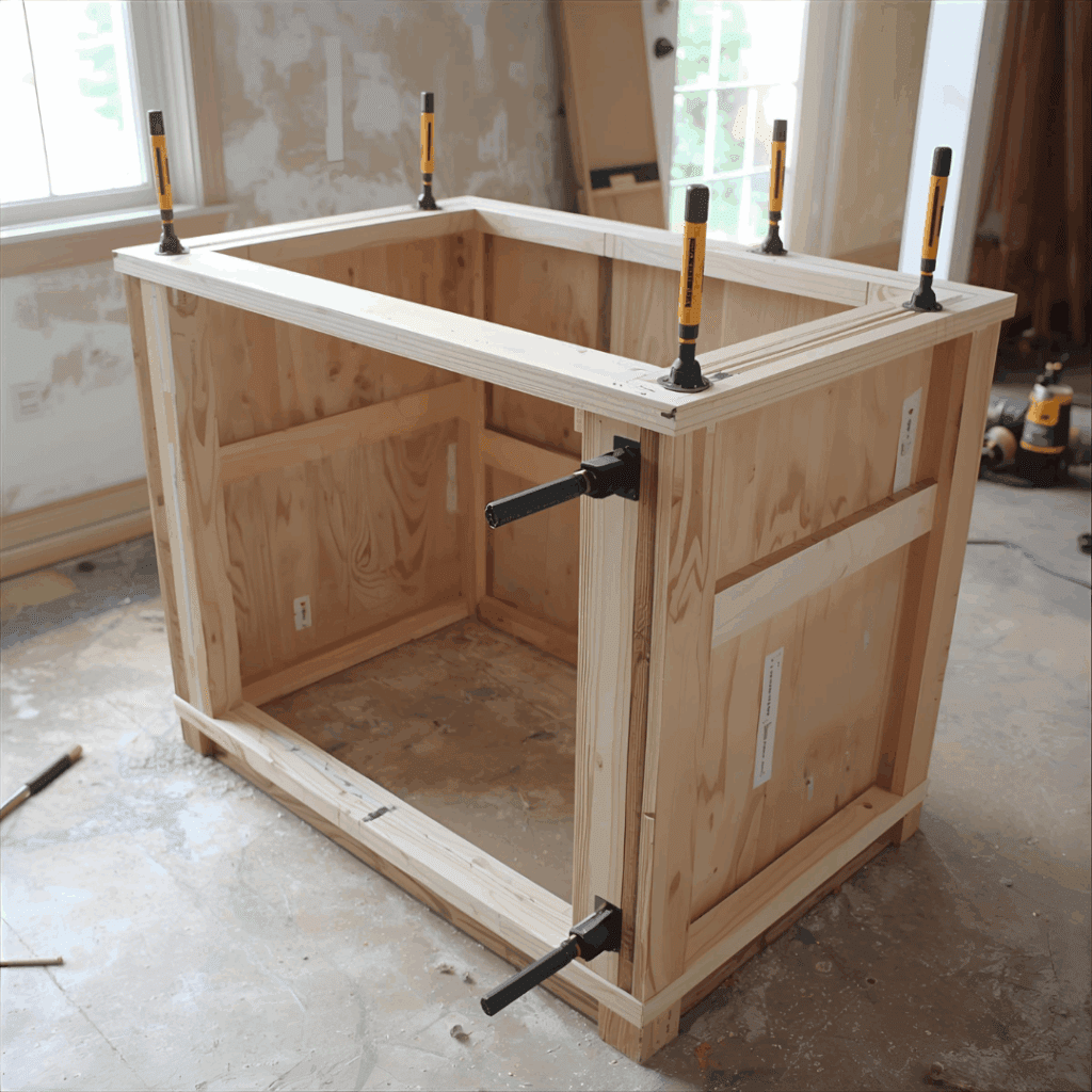 DIY oven base cabinet frame built from plywood with clamps in a kitchen remodel