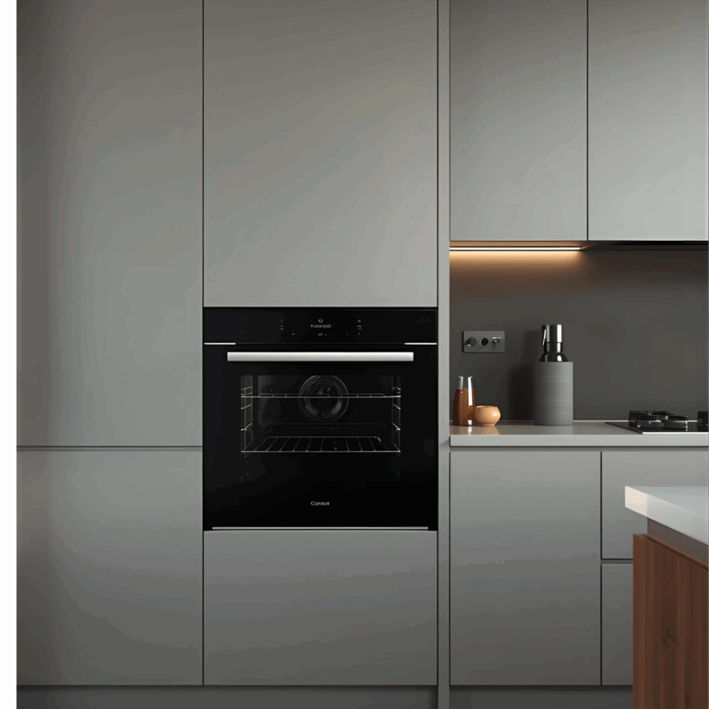 Modern kitchen with built-in oven base cabinet blending into shaker style cabinetry