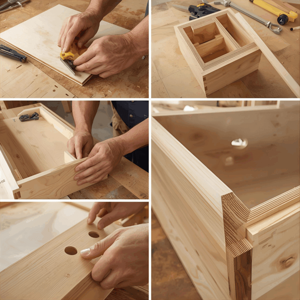 Step-by-step process of building an oven base cabinet from plywood