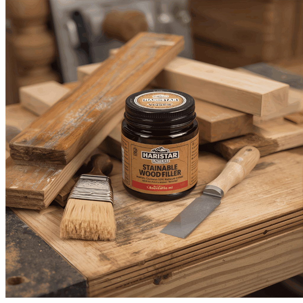 Stainable wood filler on workbench with tools and oak boards ready for repair