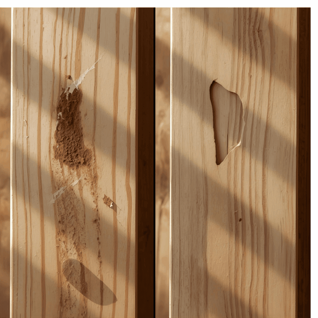 Comparison of stainable wood filler blending into grain versus wood putty leaving a visible patch.