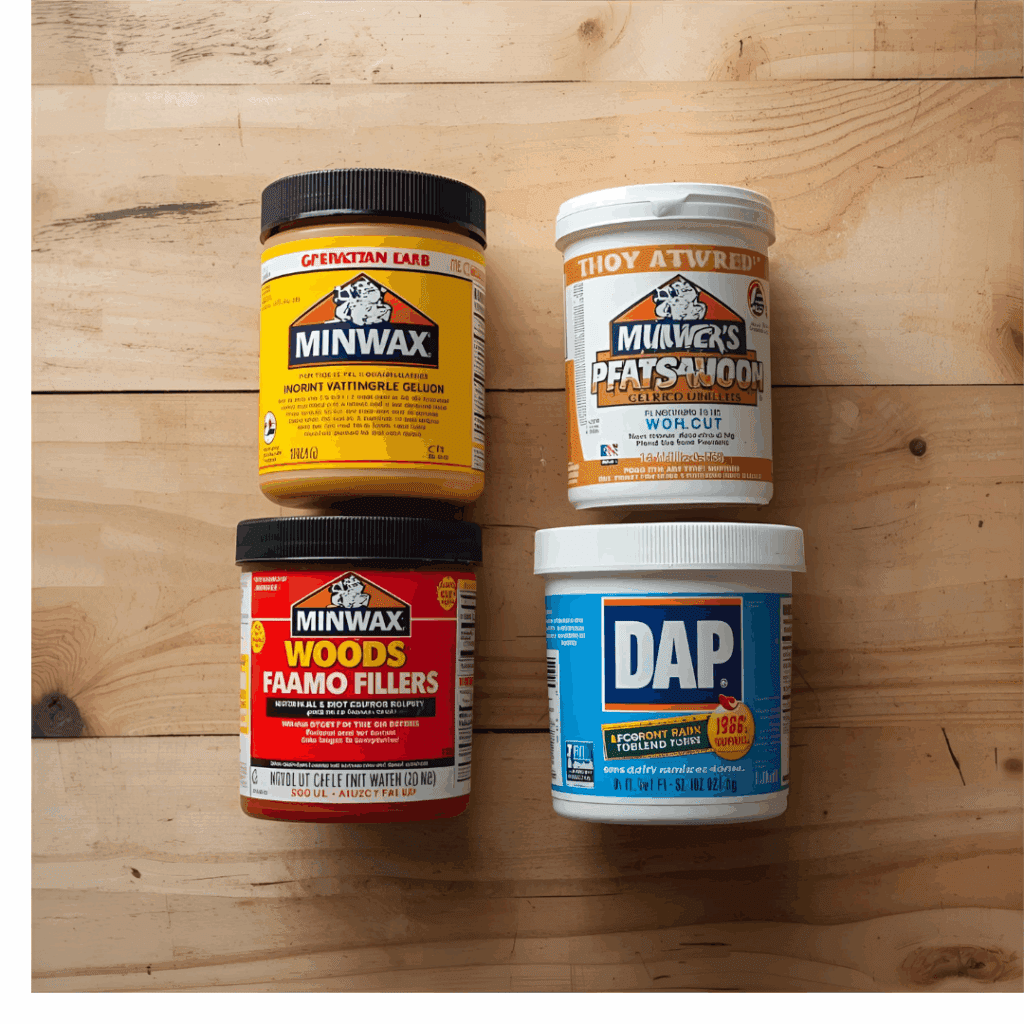 Top stainable wood filler brands including Minwax, Elmer’s, Famowood, and DAP on a workbench.