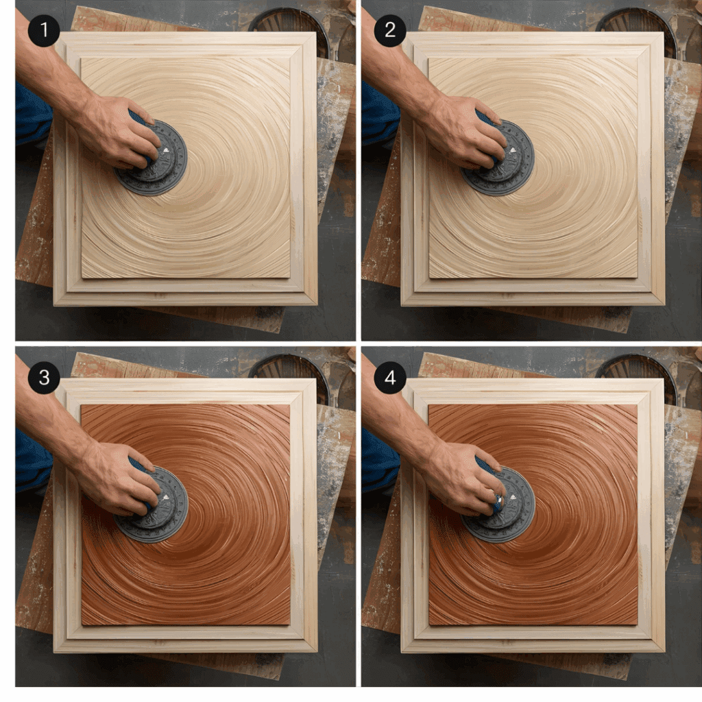 Step-by-step process of applying stainable wood filler: prep, apply, sand, and stain