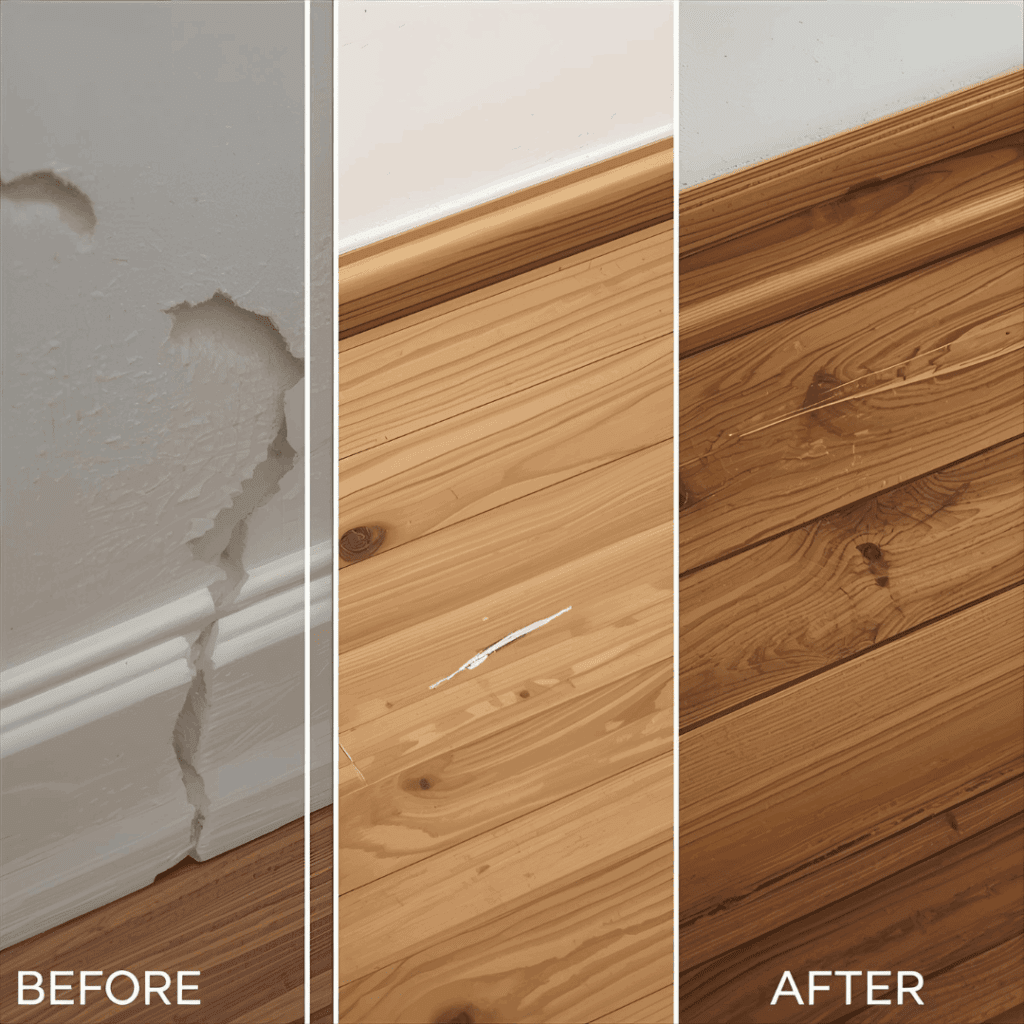 Examples of stainable wood filler used on trim, hardwood floors, and furniture repairs.