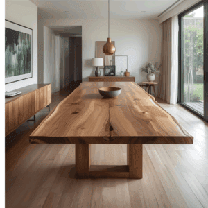 Live-edge suar wood dining table with rich brown heartwood and creamy sapwood edges