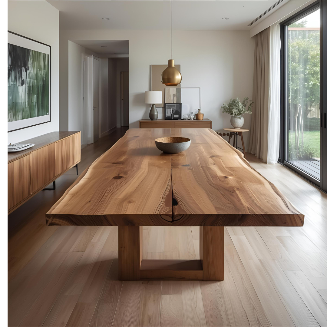 Live-edge suar wood dining table with rich brown heartwood and creamy sapwood edges