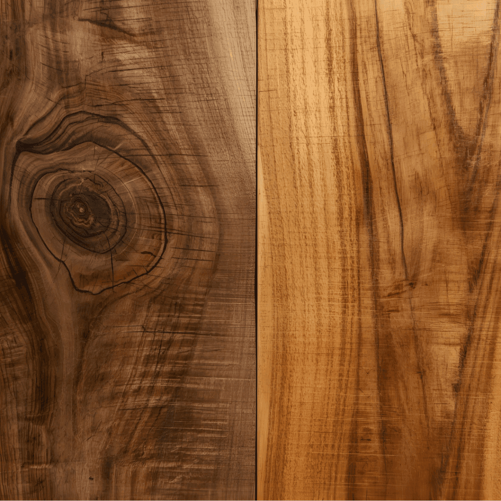 Comparison of suar wood with bold swirling grain beside acacia wood with straight golden grain