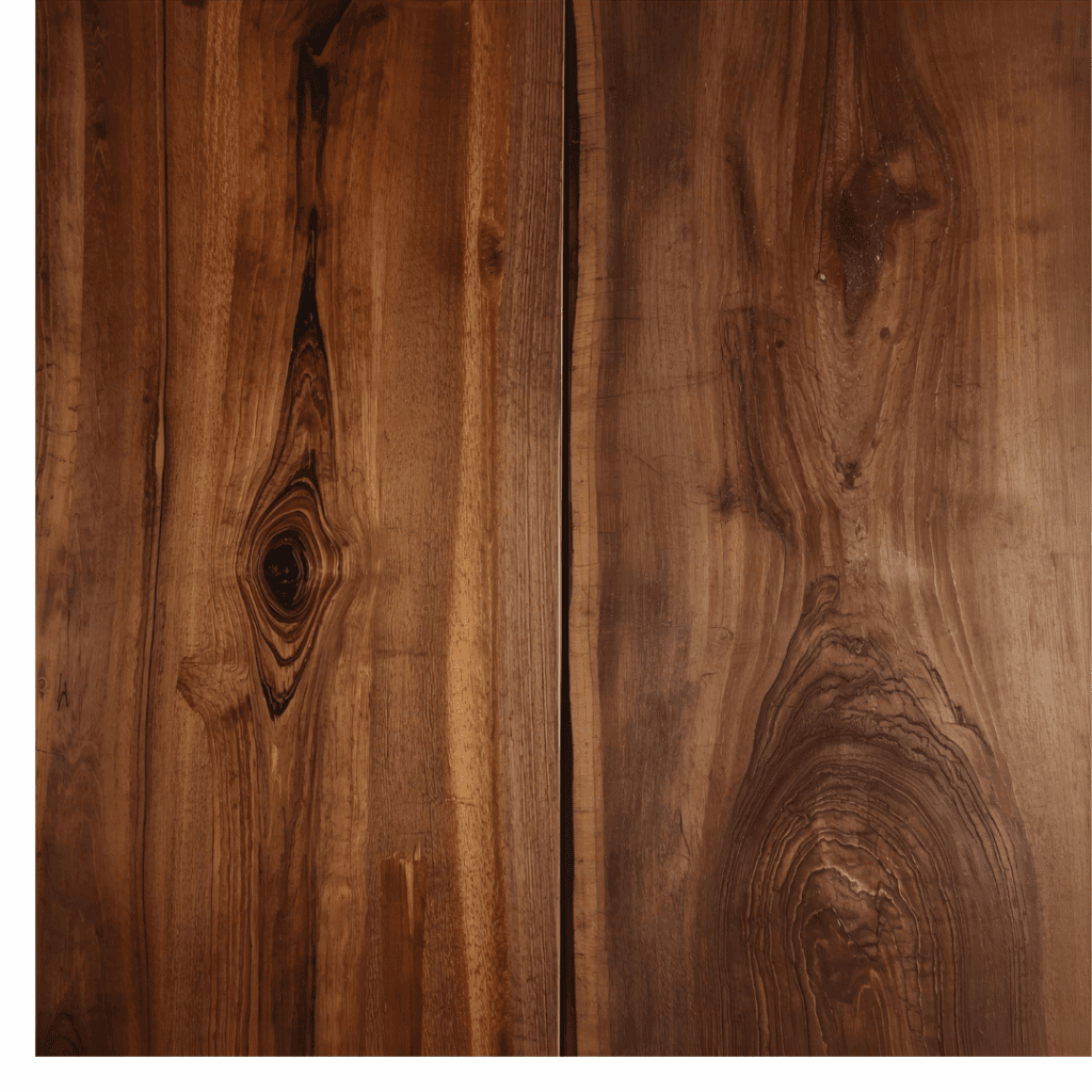 Polished suar dining table beside a walnut table, both showing deep brown tones but different finishes