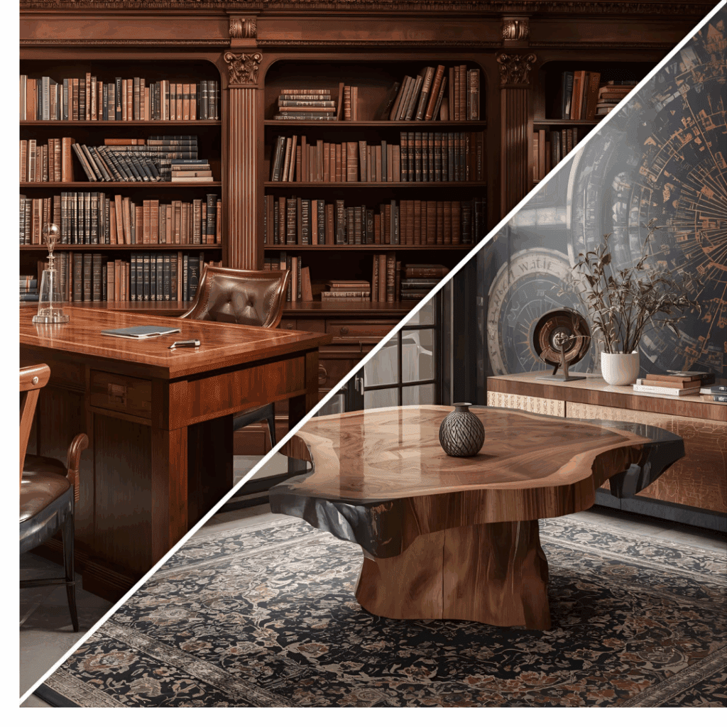 Traditional mahogany desk in a library compared to a modern suar live-edge table in a bright room.”