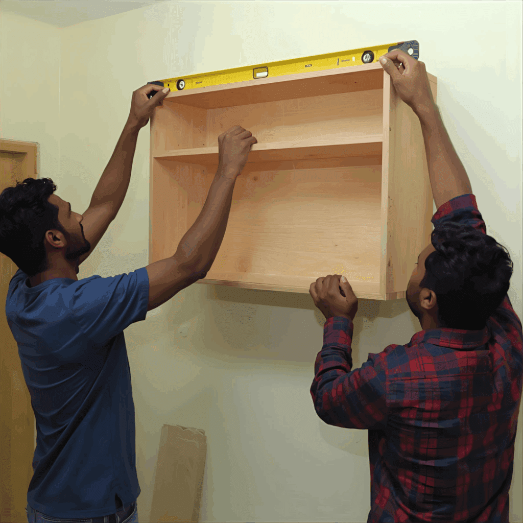 Two people installing a wall cabinet without studs using a level and toggle bolts