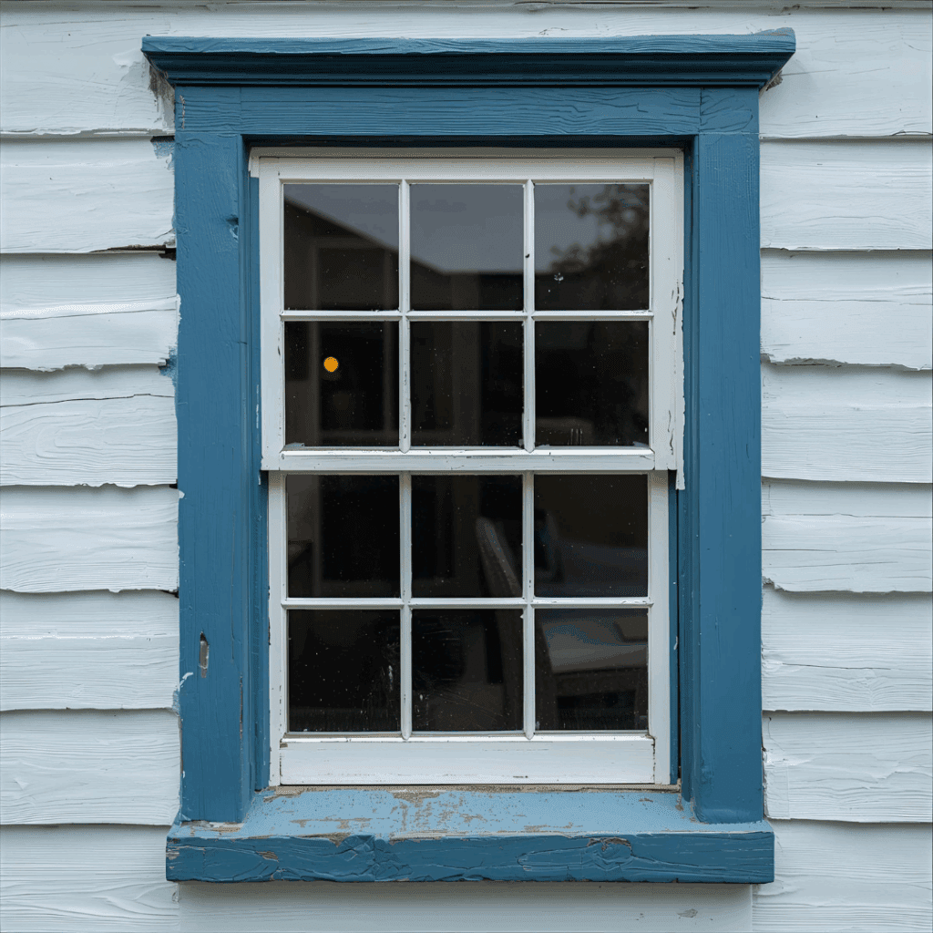 Finished wooden window frame freshly painted and caulked after repair