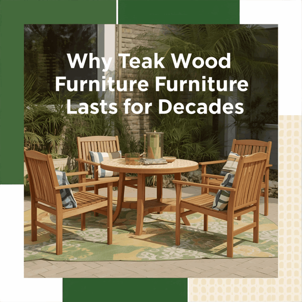 Teak wood patio table and chairs with warm golden tones on a backyard deck.