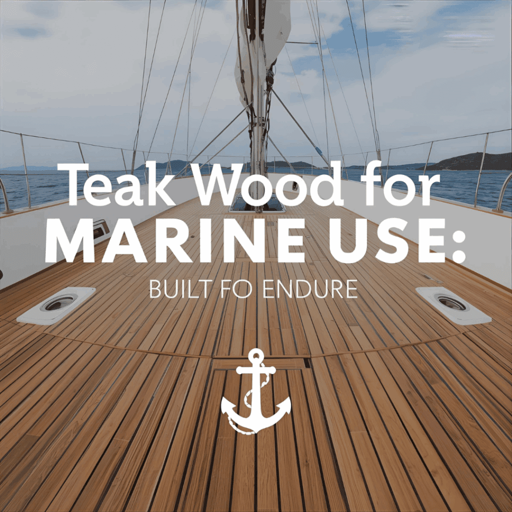 Polished teak boat deck on a yacht with water in the background.