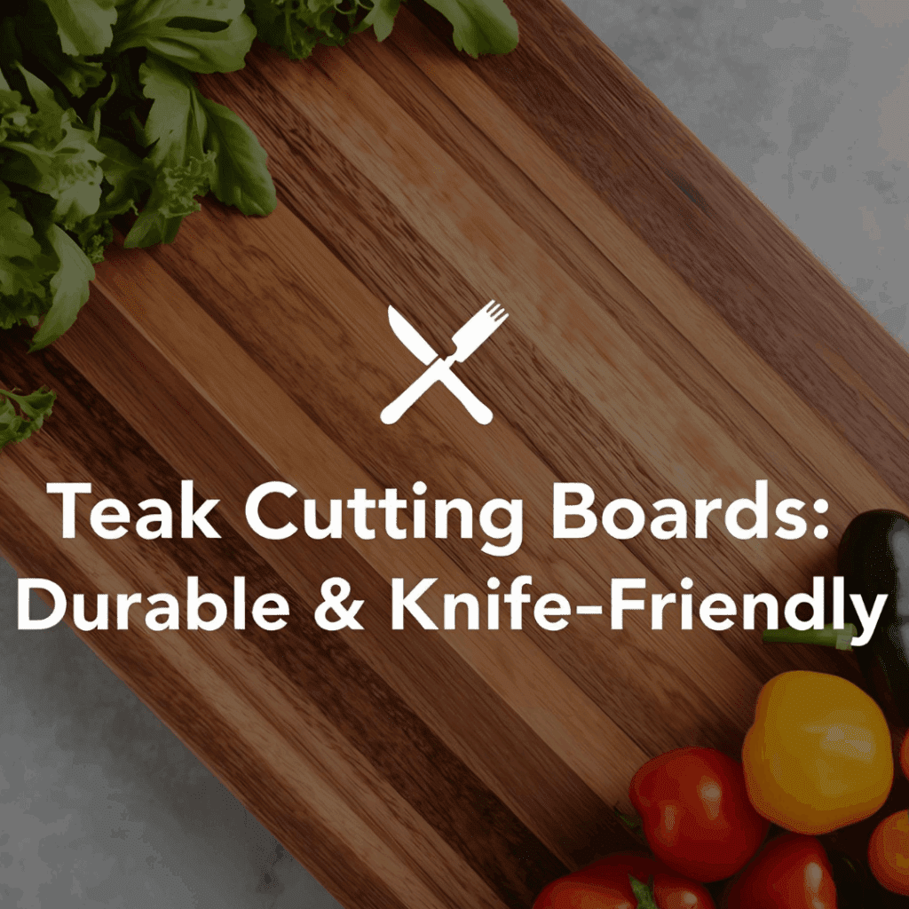 Teak cutting board on a kitchen counter with fresh vegetables and a chef’s knife.