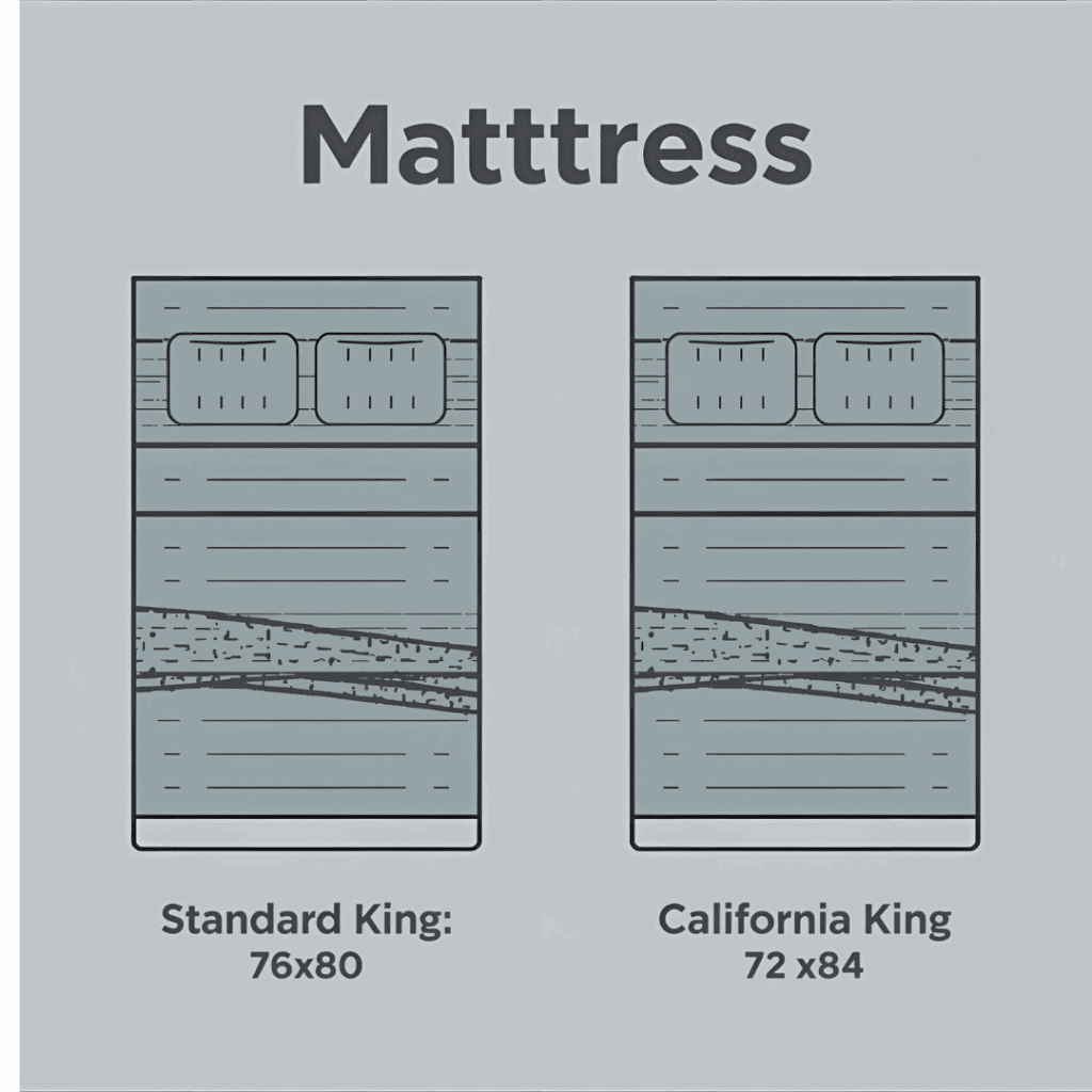 King bed frame size comparison chart showing standard king vs California king dimensions.