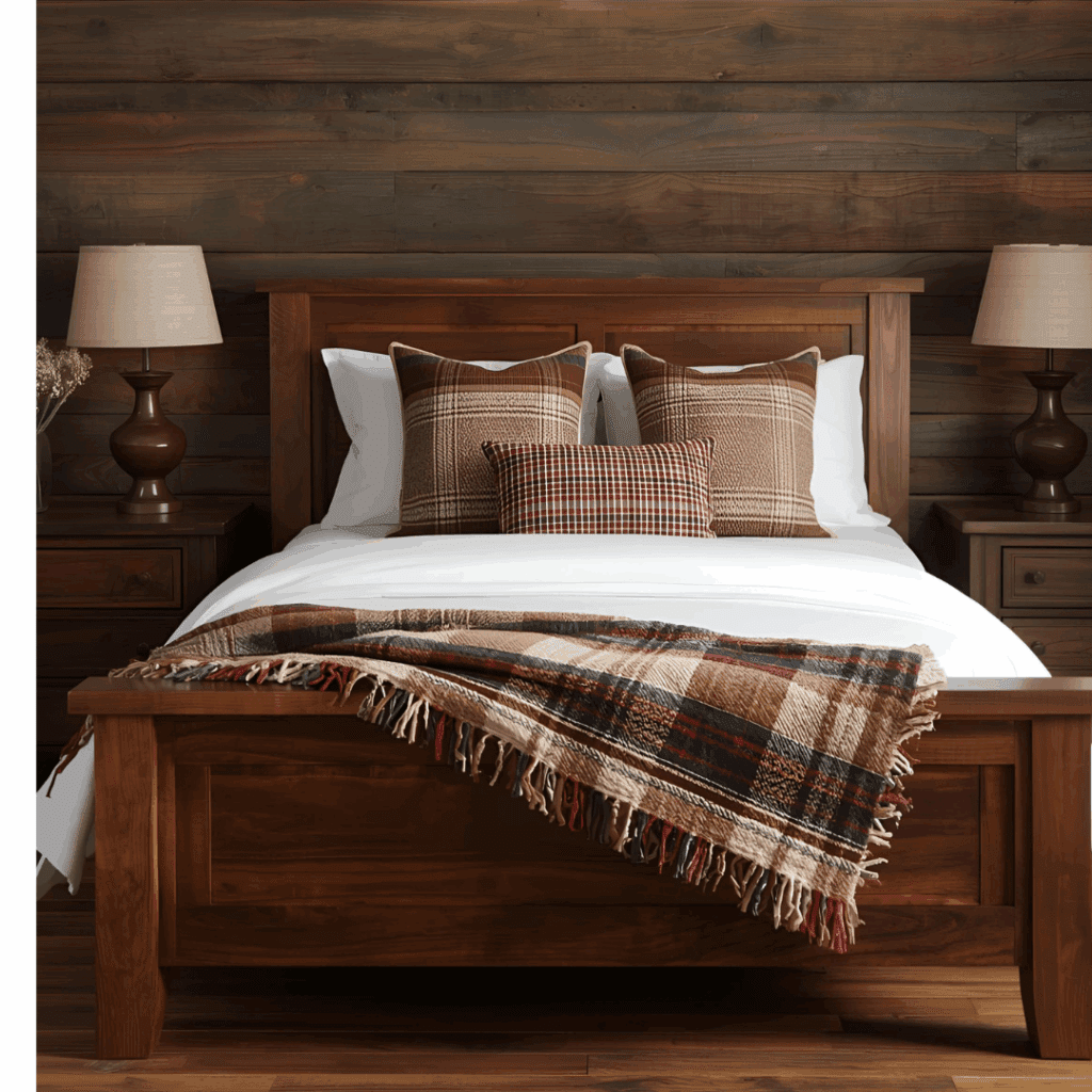 Farmhouse-style wooden king bed frame with rustic headboard in bedroom