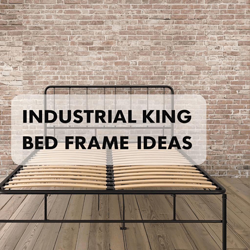 Industrial style king bed frame with black iron frame and rustic wood accents.